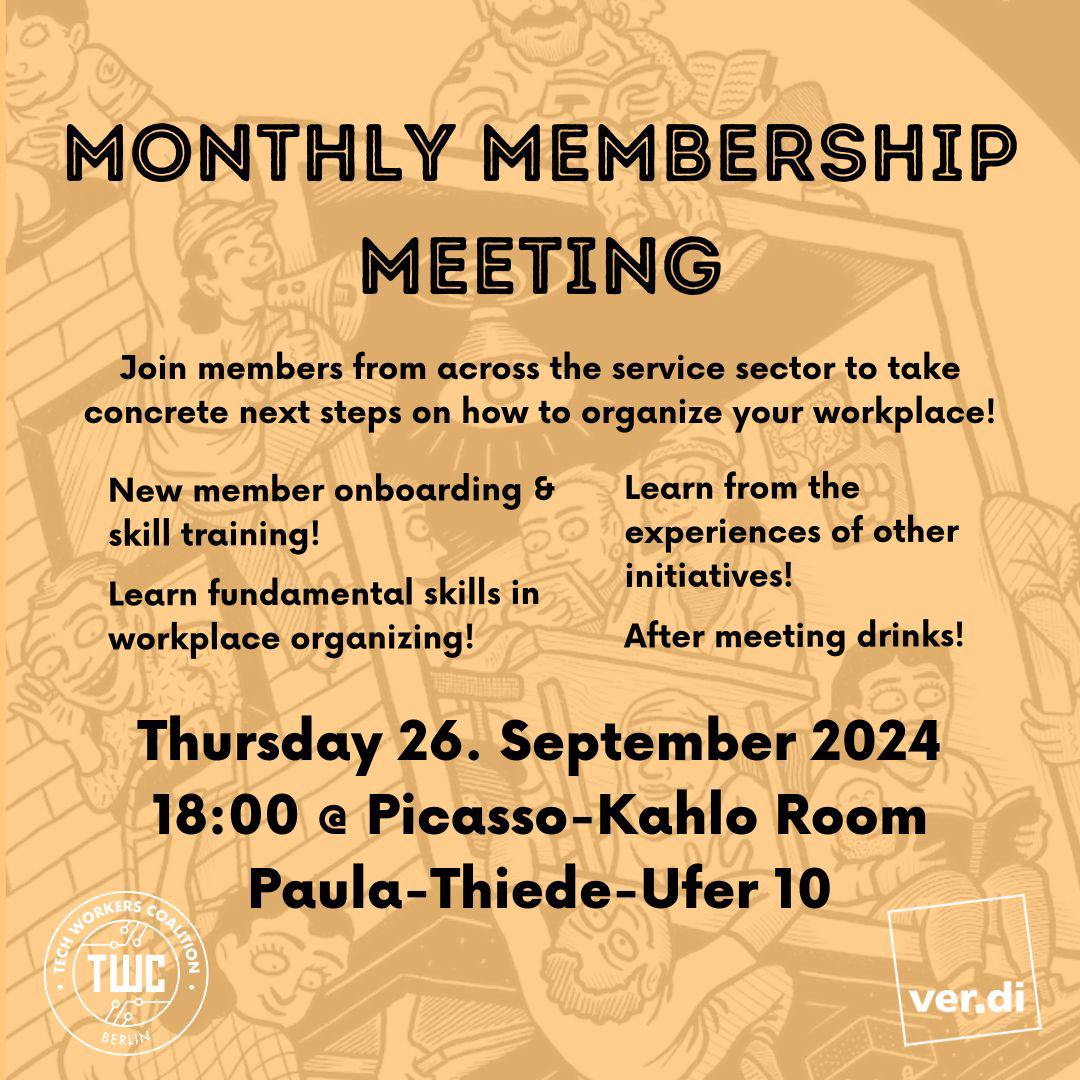 Tan Yellow poster for Monthly Membership meeting: Join members from across the service sector to take concrete next steps on how to organize your workplace! New member onboard and skill training! Learnin fundamental skills in workplace organizing! Learn from the experience of other initiatives! After meeting drinks!